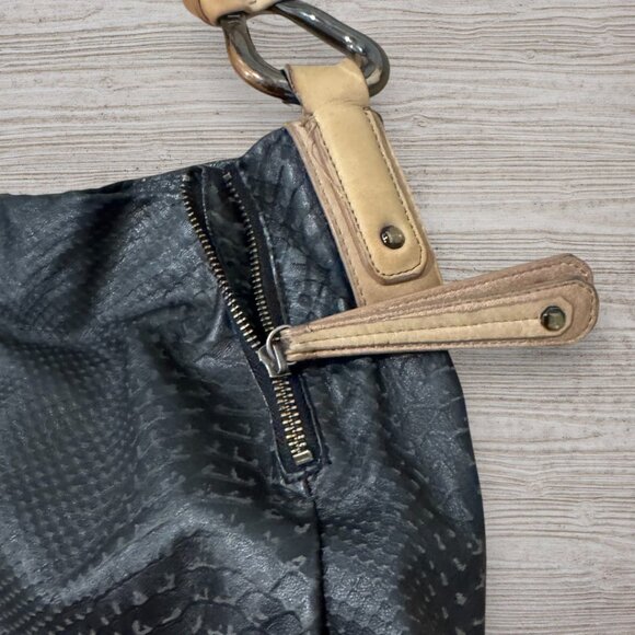 H by Halston Heritage Embossed Leather Pleated Hobo Shoulder Bag Black Tan Purse - Picture 5 of 16